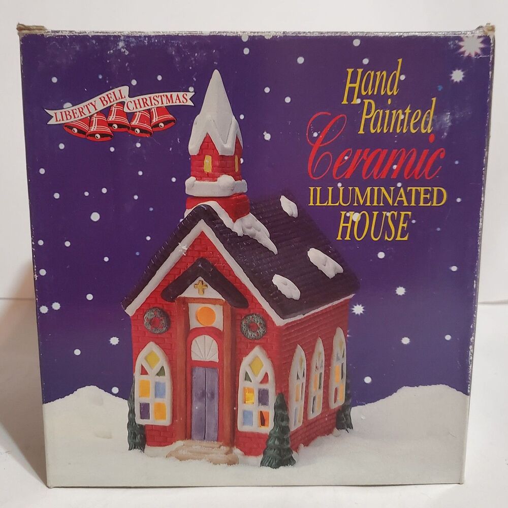 Vintage Liberty Bell Handpainted Ceramic Illuminated Christmas Village House